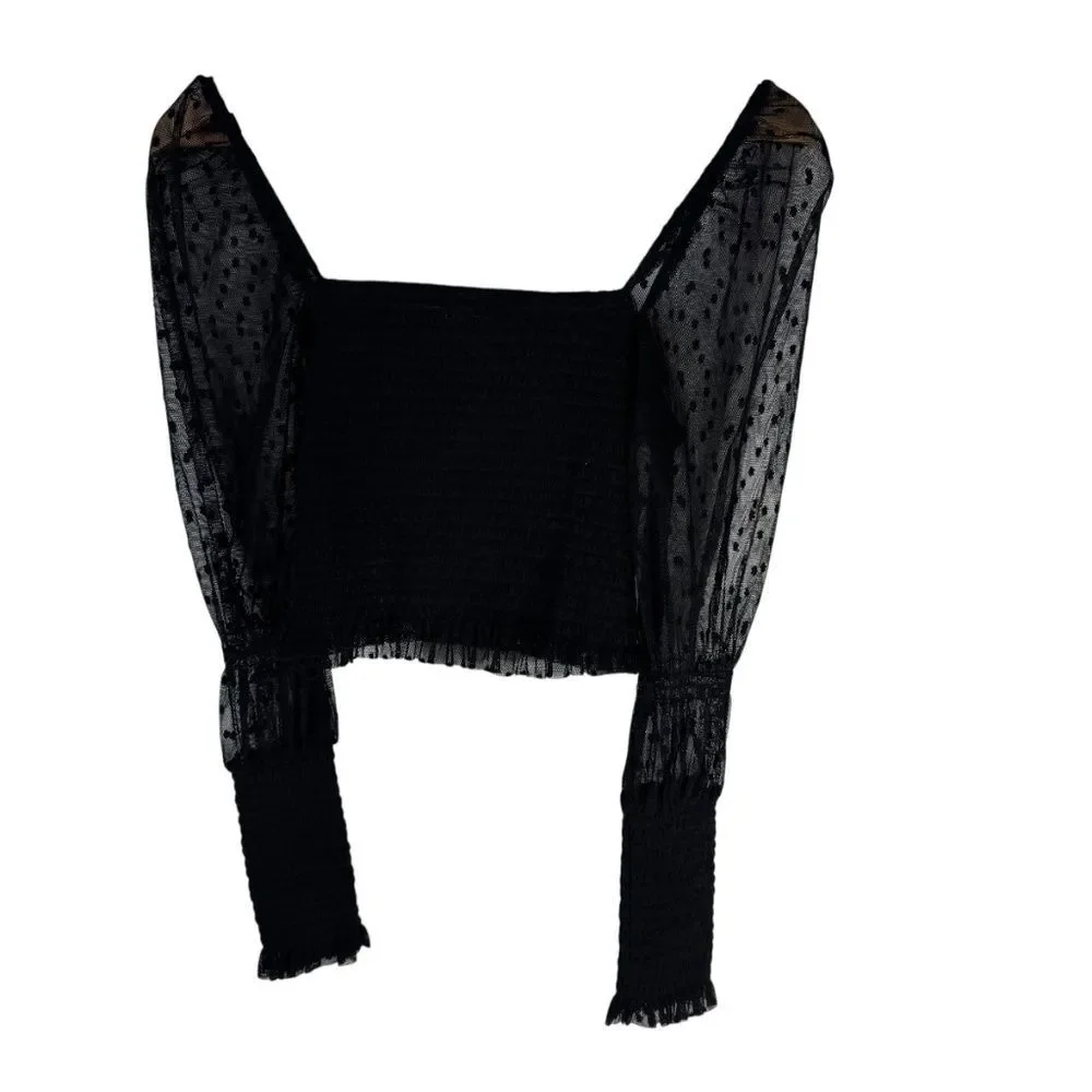 Intimately Free People Puckered Black‎ Crop Top Dotted Mesh Sleeves Sz M